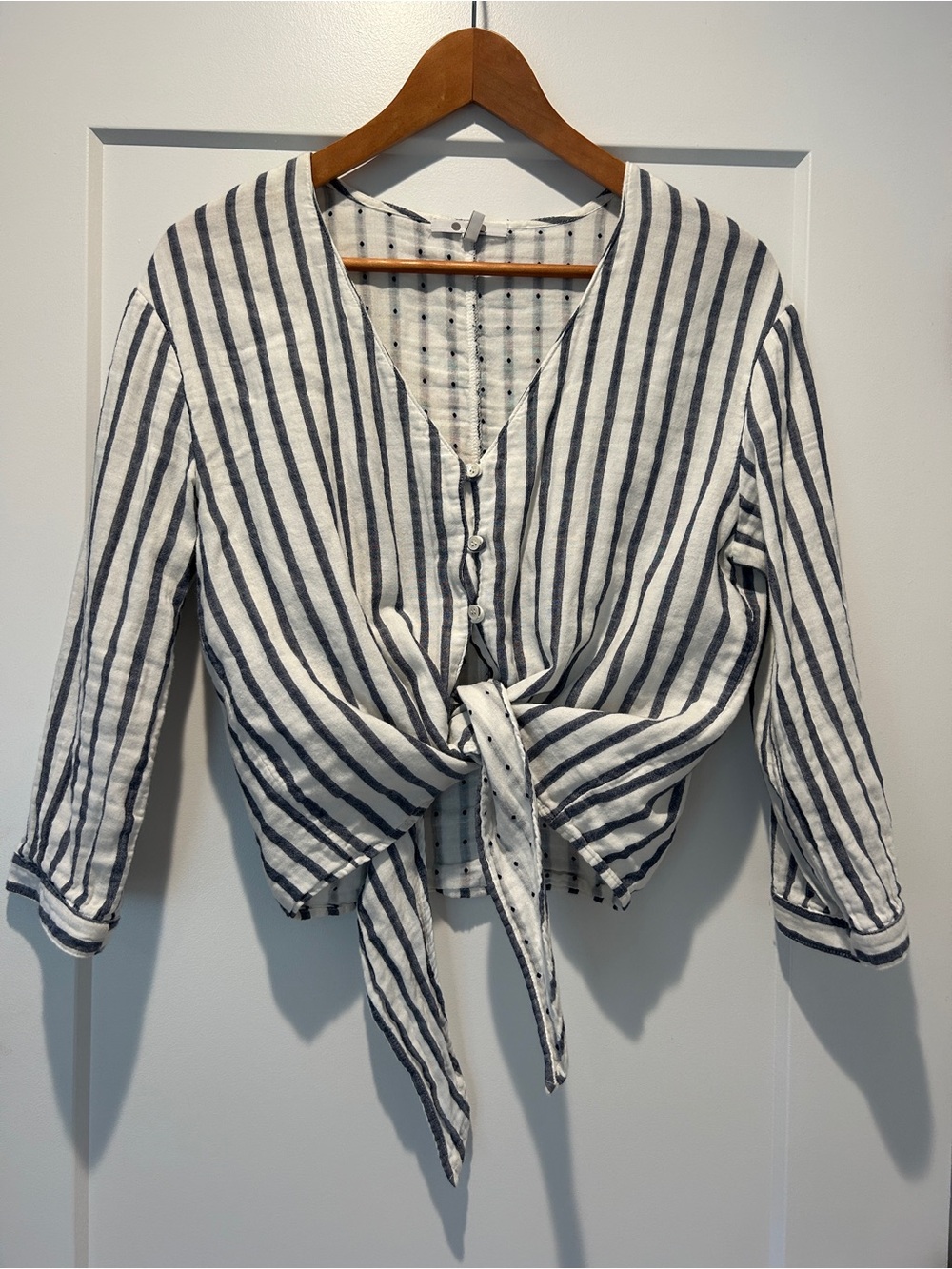 Three Dots White and Navy Striped Button-Front Tie Top